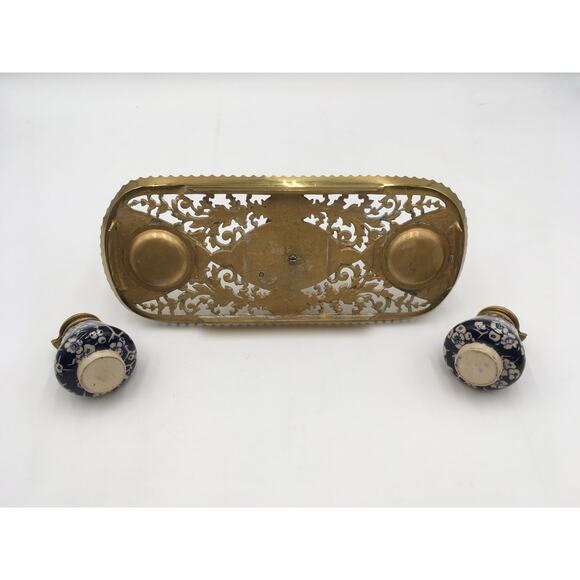 Antique Gilt Bronze Dragon Filigree and Ceramic Inkwell Candle Holder - Picture 7 of 8